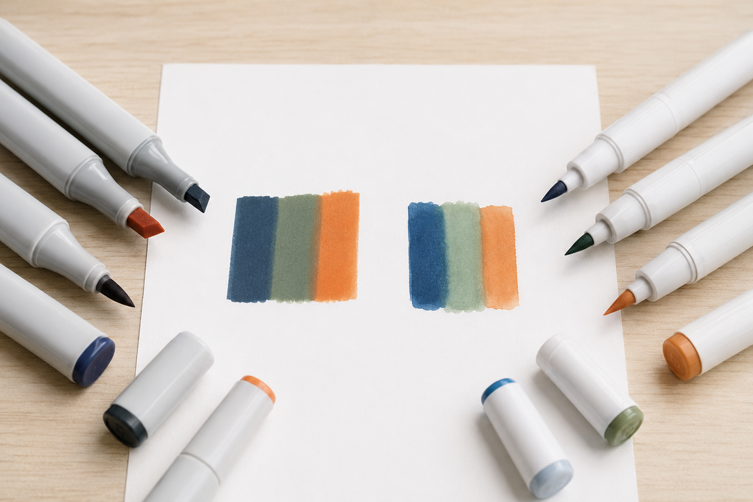 Alcohol and water-based markers compared with paper swatches