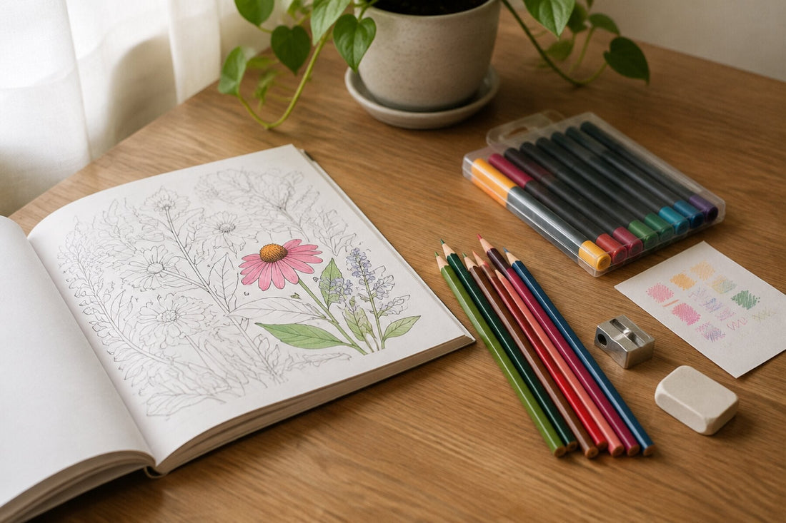 Small beginner coloring kit with pencils, markers, sharpener, eraser, and an open page