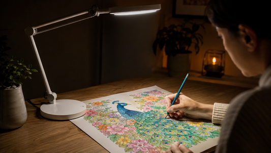 A task lamp evenly illuminating a detailed peacock coloring page