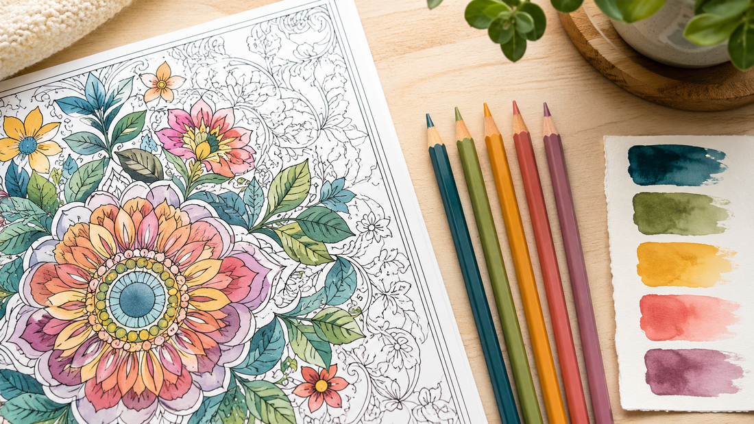 Five-color palette beside an adult coloring page