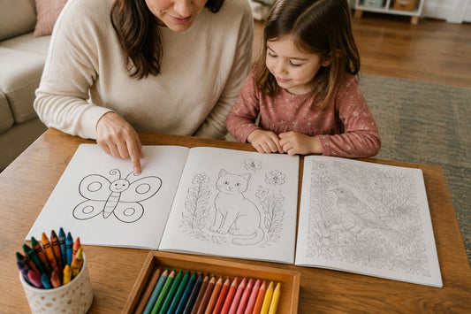 Parent and child comparing coloring pages with three levels of detail