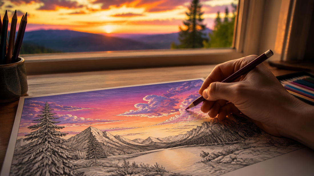 Violet coral and gold sunset clouds on a landscape coloring page