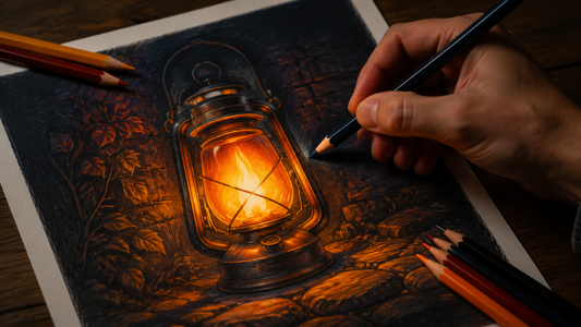 A colored lantern casting convincing warm light into deep blue shadows