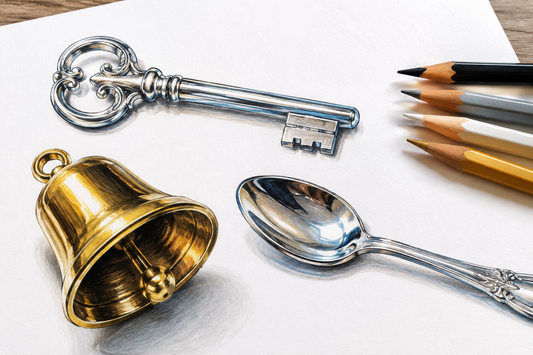 Silver and gold objects colored with sharp highlights and dark reflections