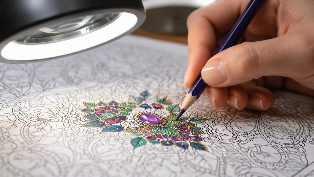 A sharp purple pencil coloring tiny jewel-like spaces under a magnifier