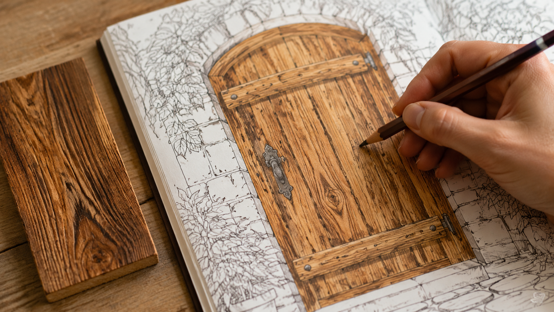 Colored-pencil wood grain added to a rustic cottage door page