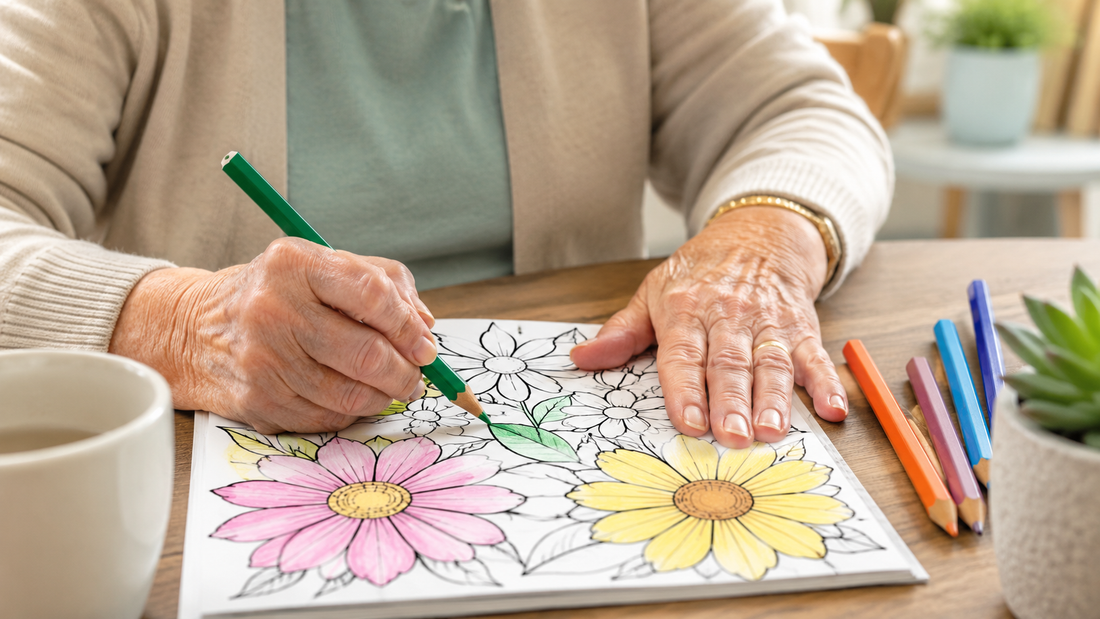 Older adult comfortably coloring a bold-line floral page