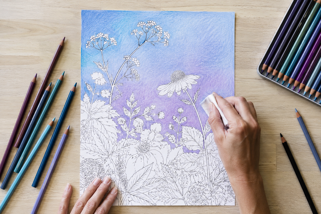 Soft blue and purple colored-pencil background around botanical line art