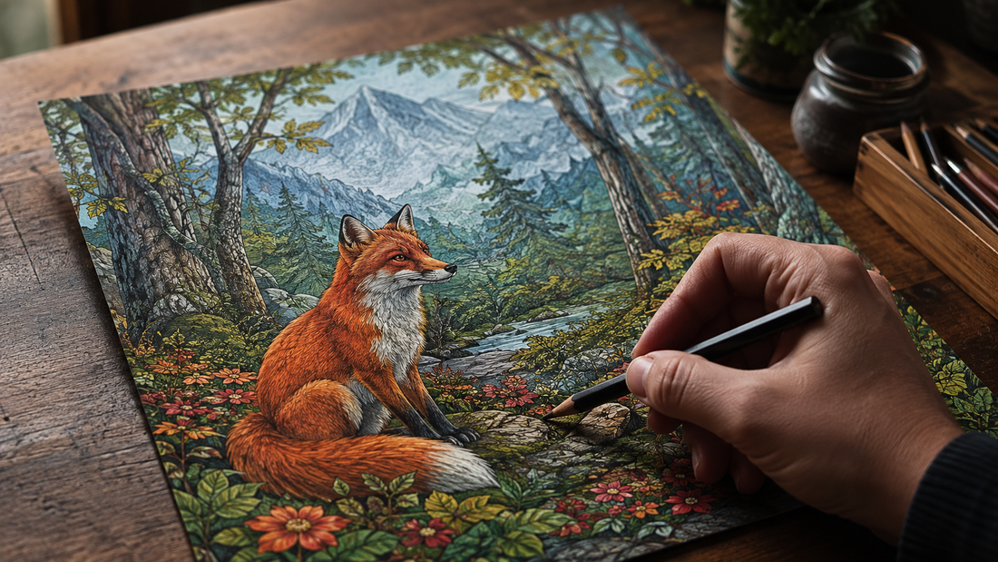 A red fox standing out against layered forest and distant mountains