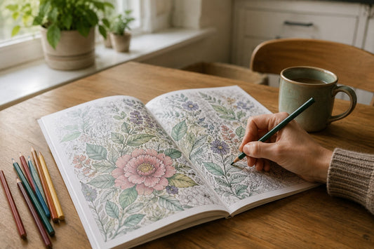 Adult coloring a botanical page with colored pencils at a wooden table