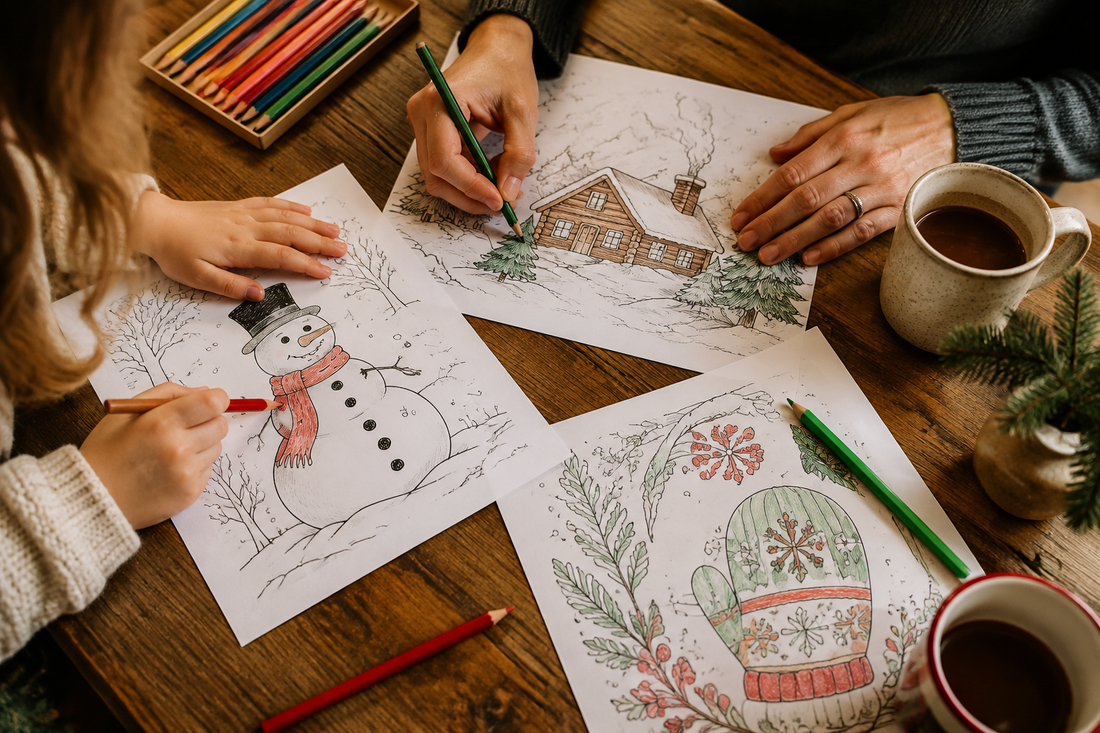 Adult and child coloring winter pages together at a family table