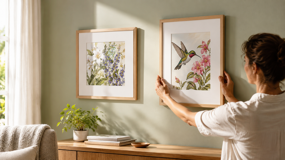A framed hummingbird coloring page displayed as finished wall art