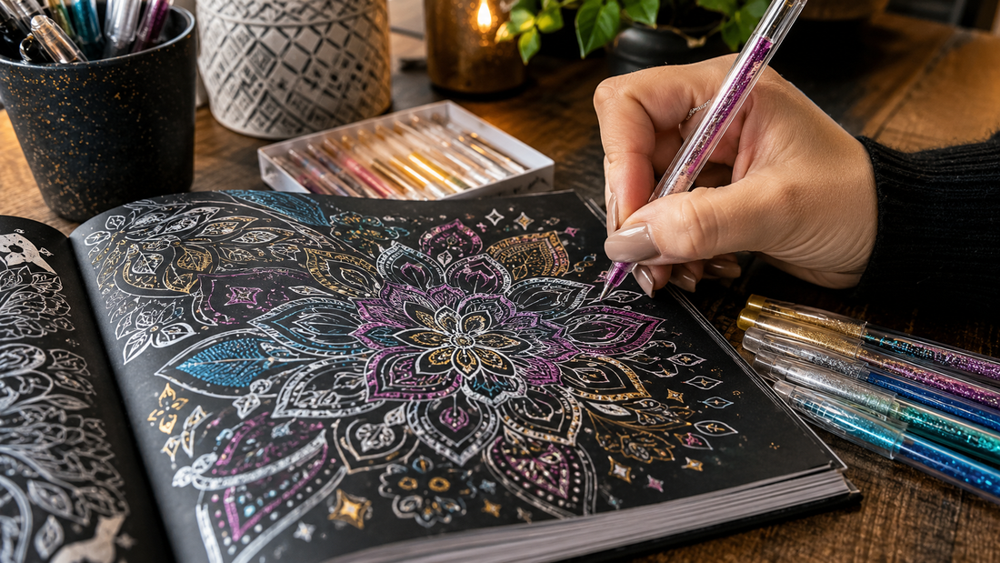 Metallic and glitter gel pens adding accents to a coloring page