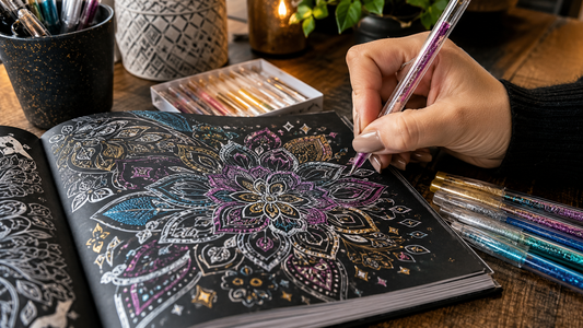 Metallic and glitter gel pens adding accents to a coloring page