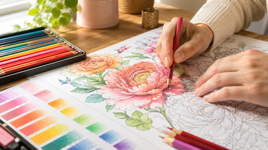 Colored pencils blending into smooth gradients on a floral coloring page