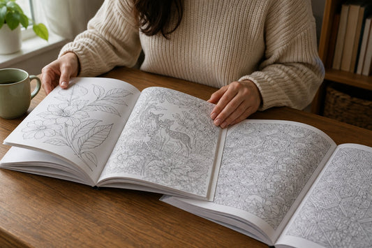 Adult comparing simple, medium-detail, and intricate coloring pages