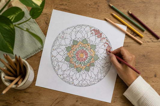 Beginner coloring an outer section of a mandala with a limited pencil palette