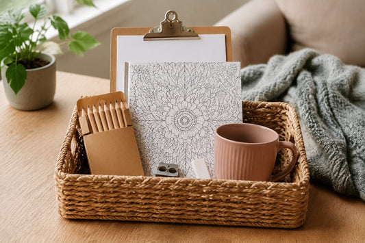Reusable gift basket with a coloring book, pencils, sharpener, eraser, clipboard, and mug