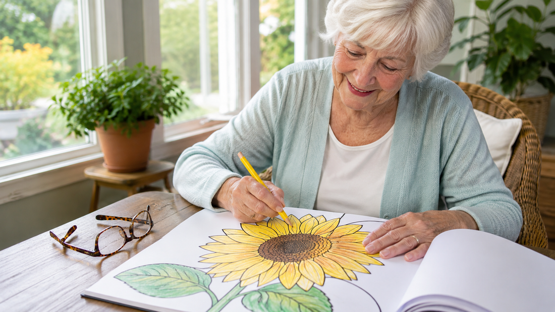 An older adult coloring a bold large-outline sunflower page