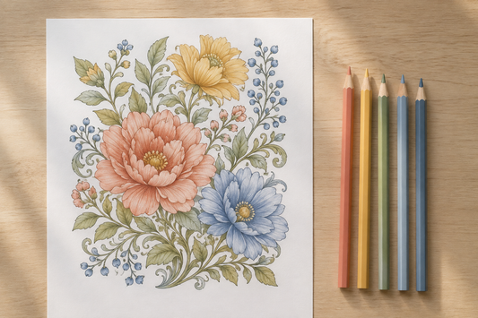 Floral coloring page completed with a harmonious five-pencil palette