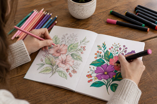 The same floral coloring spread shaded with pencils on one side and filled with markers on the other