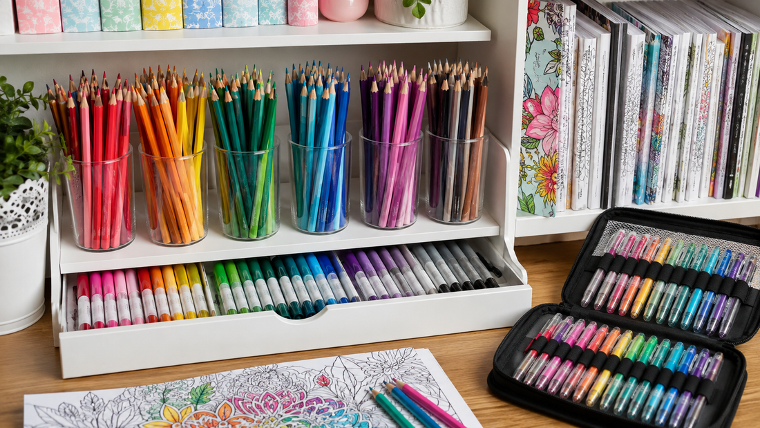 Colored pencils, markers and gel pens organized for easy use
