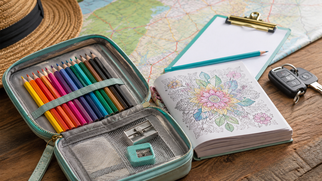 Compact coloring travel kit with pencils, book and clipboard