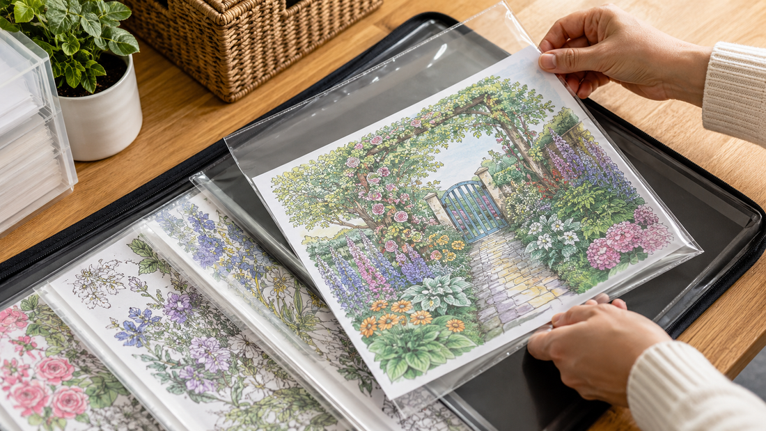 Finished garden coloring pages stored in clear protective portfolio sleeves