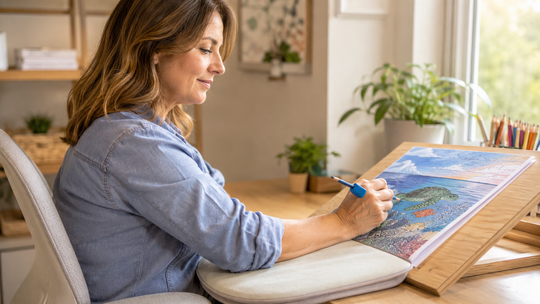 An ergonomic coloring setup with supported forearm and soft pencil grip