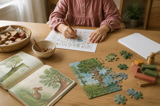 Child coloring at a table with a puzzle, picture book, blocks, and paper nearby