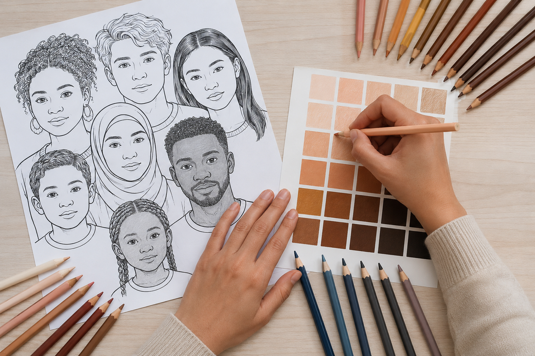 Inclusive skin-tone swatches beside a people-themed coloring page