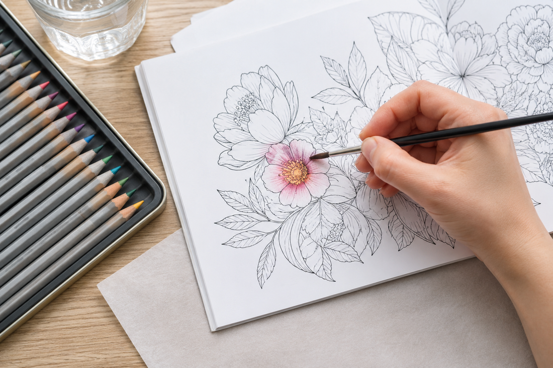 Damp brush activating watercolor pencil on a floral coloring page