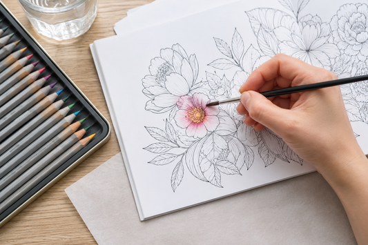 Damp brush activating watercolor pencil on a floral coloring page