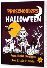 Preschoolers Halloween Fun, Bold Design For Little Hands thin upright angled paperback mockup with visible right pages, drop shadow, and transparent background