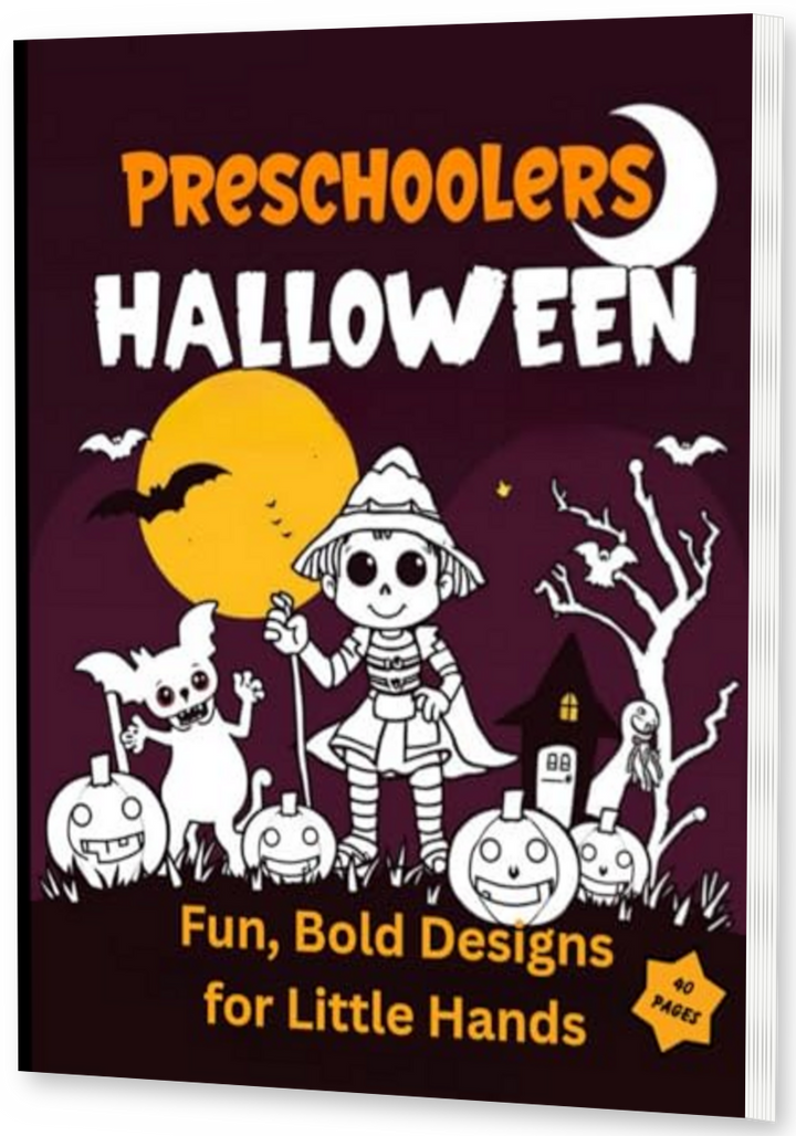 Preschoolers Halloween Fun, Bold Design For Little Hands thin upright angled paperback mockup with visible right pages, drop shadow, and transparent background