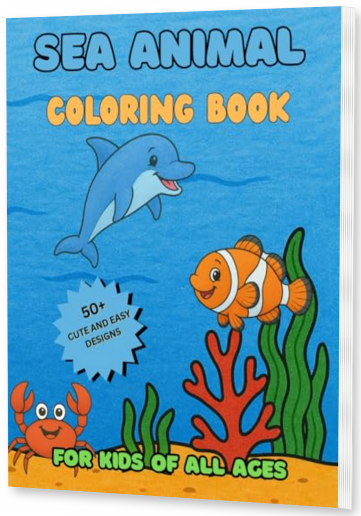 Sea Animal Coloring Book: Cute Sea Life thin upright angled paperback mockup with visible right pages, drop shadow, and transparent background