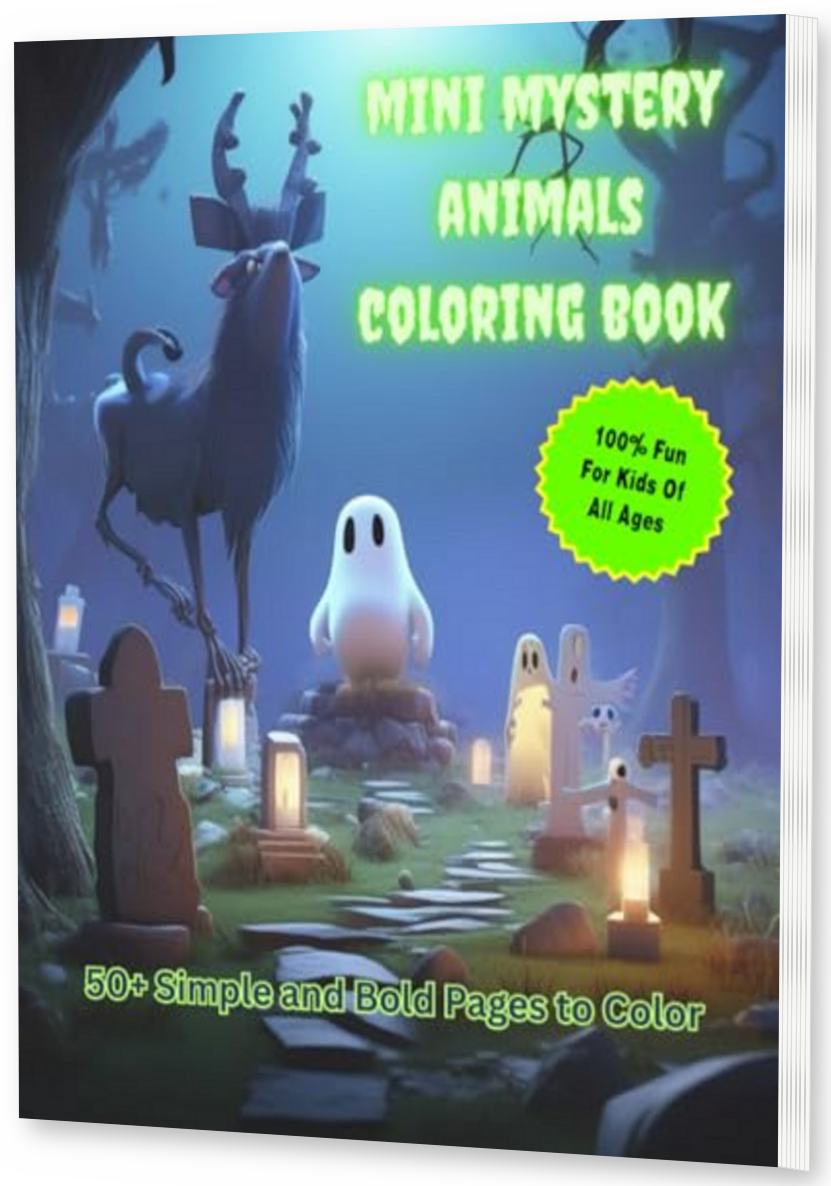Mini Mystery Animals Coloring Book thin upright angled paperback mockup with visible right pages, drop shadow, and transparent background