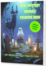 Mini Mystery Animals Coloring Book thin upright angled paperback mockup with visible right pages, drop shadow, and transparent background