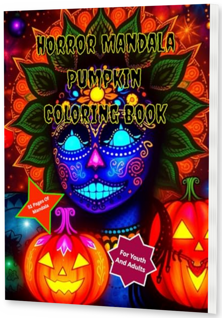 Horror Mandala Pumpkin Coloring Book thin upright angled paperback mockup with visible right pages, drop shadow, and transparent background
