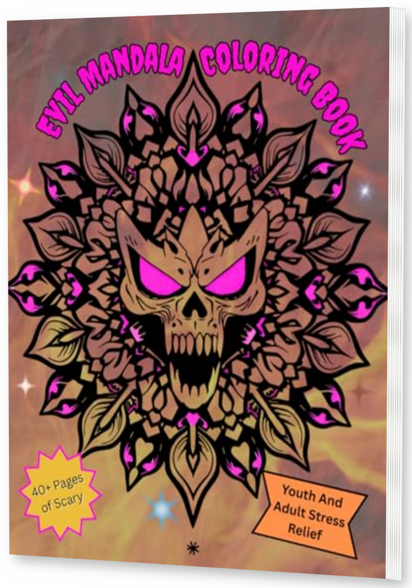 Evil Mandalas Coloring Book — Adult Halloween Mandala Coloring Book for Stress Relief thin upright angled paperback mockup with visible right pages, drop shadow, and transparent background