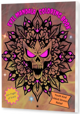 Evil Mandalas Coloring Book — Adult Halloween Mandala Coloring Book for Stress Relief thin upright angled paperback mockup with visible right pages, drop shadow, and transparent background