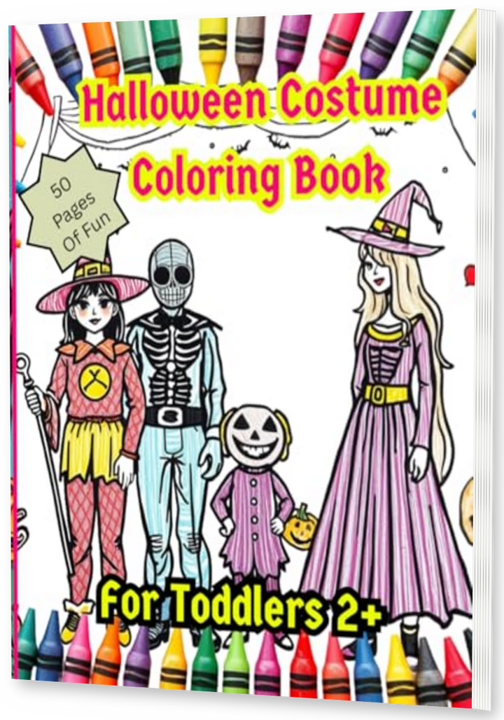 Halloween Costume Coloring Book thin upright angled paperback mockup with visible right pages, drop shadow, and transparent background