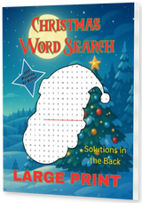 Christmas Word Search: 100 Large-Print Holiday Word Search Puzzles for Adults & Teens thin upright angled paperback mockup with visible right pages, drop shadow, and transparent background