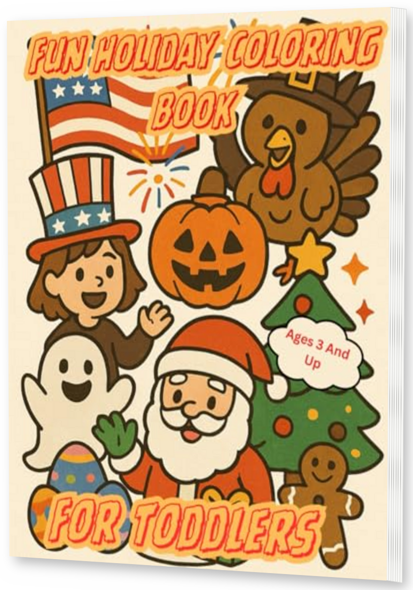 Fun Holiday Coloring Book For Toddlers thin upright angled paperback mockup with visible right pages, drop shadow, and transparent background