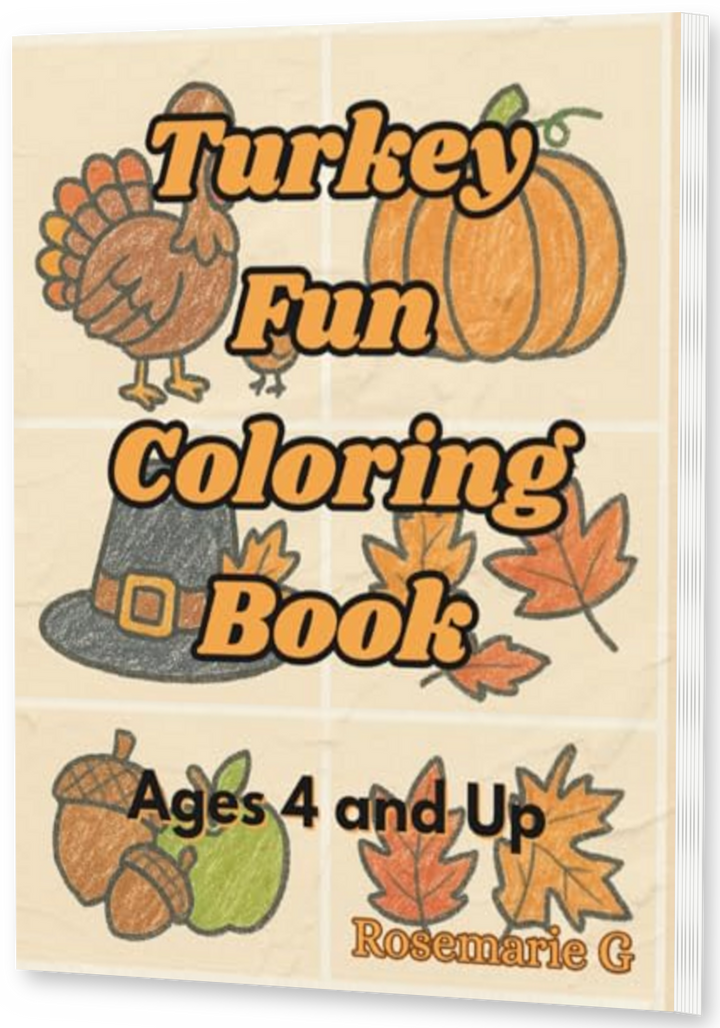Turkey Fun Coloring Book: Thanksgiving Coloring Book for Toddlers Ages 4 And Up thin upright angled paperback mockup with visible right pages, drop shadow, and transparent background