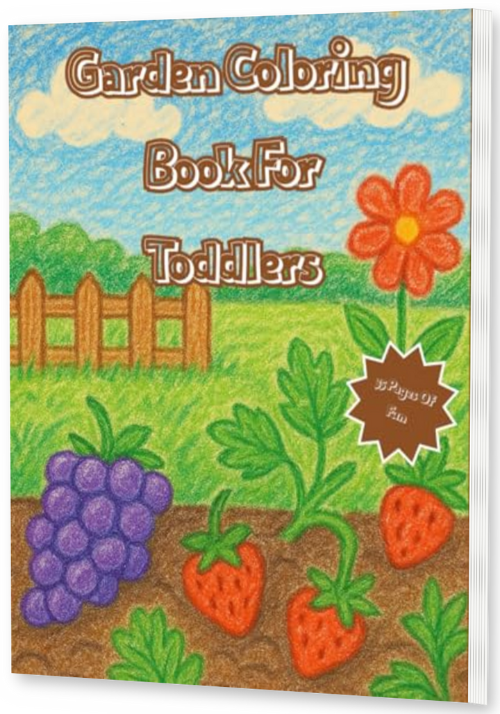 Garden Coloring Book For Toddlers thin upright angled paperback mockup with visible right pages, drop shadow, and transparent background