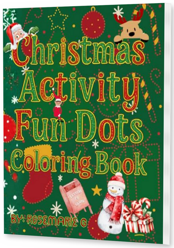 Christmas Activity Fun Dots Coloring Book thin upright angled paperback mockup with visible right pages, drop shadow, and transparent background