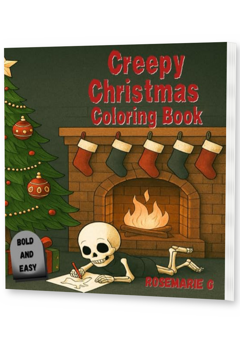 Creepy Christmas Coloring Book thin upright angled paperback mockup with visible right pages, drop shadow, and transparent background