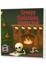 Creepy Christmas Coloring Book thin upright angled paperback mockup with visible right pages, drop shadow, and transparent background