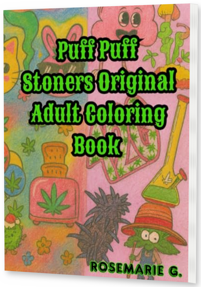 Puff Puff Stoners Original Adult Coloring Book thin upright angled paperback mockup with visible right pages, drop shadow, and transparent background